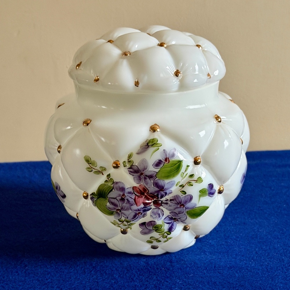 Vintage 1940s Consolidated Quilted Milk Glass Vanity Jar Lid HandPainted Violets